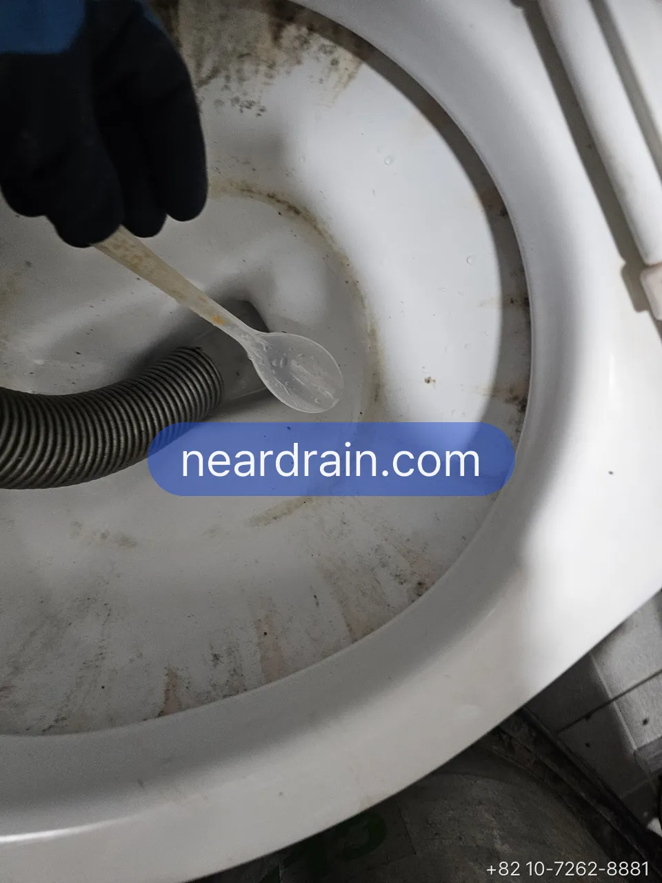 Gloved hand feeding a spring auger cable into a toilet bowl from above, toilet still bolted to the floor